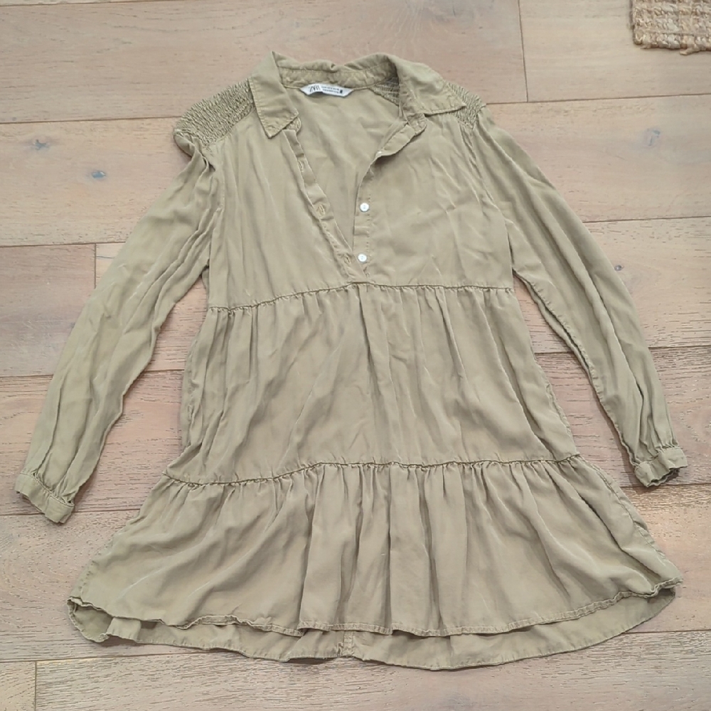 Beige Long Sleeve Tiered Dress